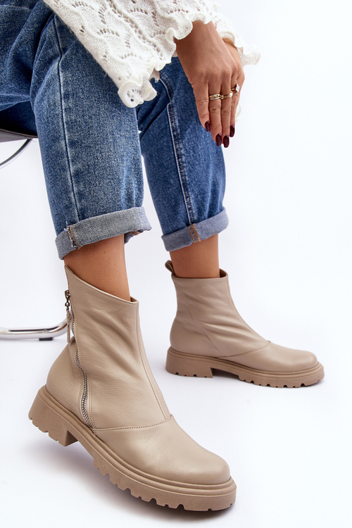 Damskie Skórzane Botki Na Płaskim Obcasie Laura Messi 2620/199 Jasnobeżowe