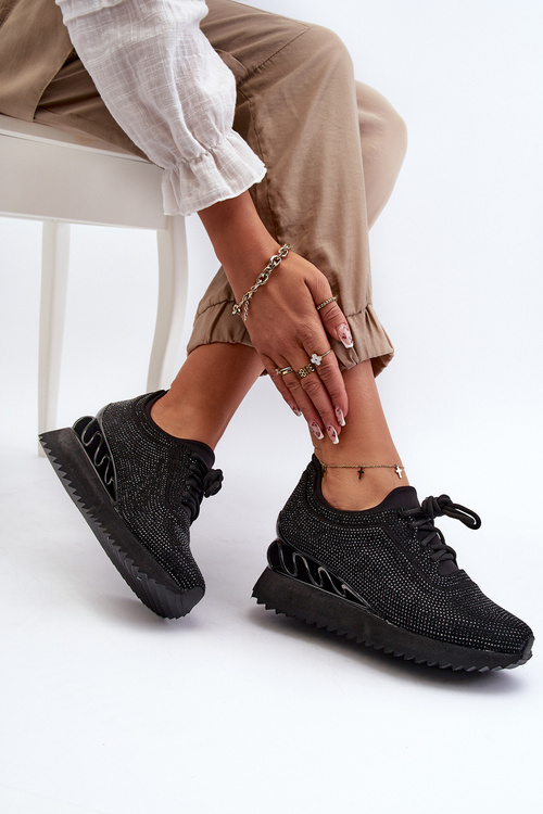Sneakersy Damskie Na Koturnie Zdobione Cyrkoniami D&A MR38-377 Czarne