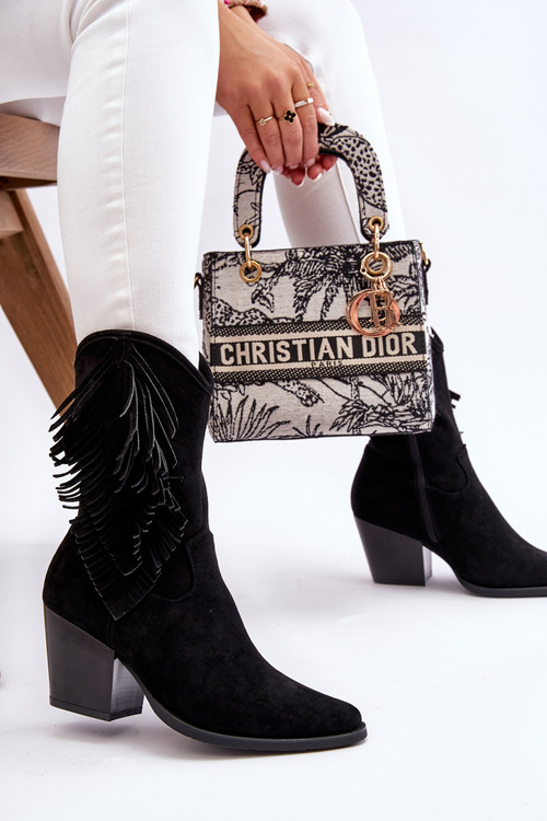 Damskie Niskie Zamszowe Kozaki Kowbojki Czarne Elyse