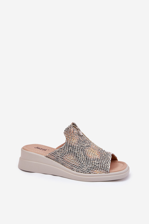 Klapki Damskie Na Koturnie Z Zamkiem Zwierzęcy Wzór Beżowe Irriva