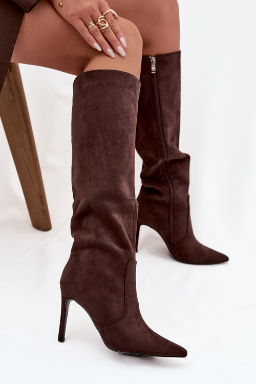 Ocieplane Kozaki Damskie Na Szpilce Z Eko Zamszu Czekoladowe Rosavine