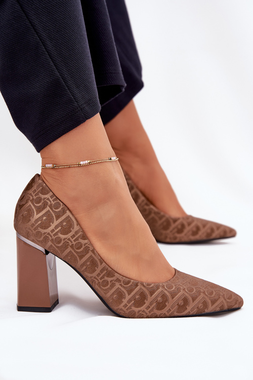 Czółenka Damskie Na Słupku Z Ozdobnym Tłoczeniem Vinceza 62254 Brązowe