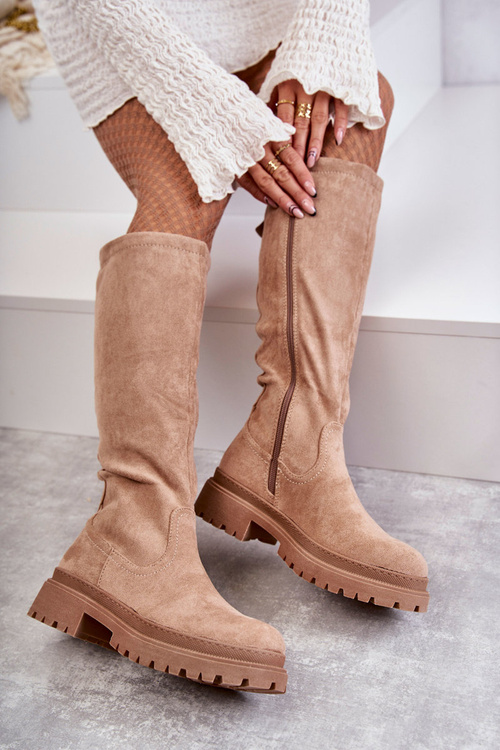 Damskie Ocieplane Kozaki Do Kolana Beżowe Helma