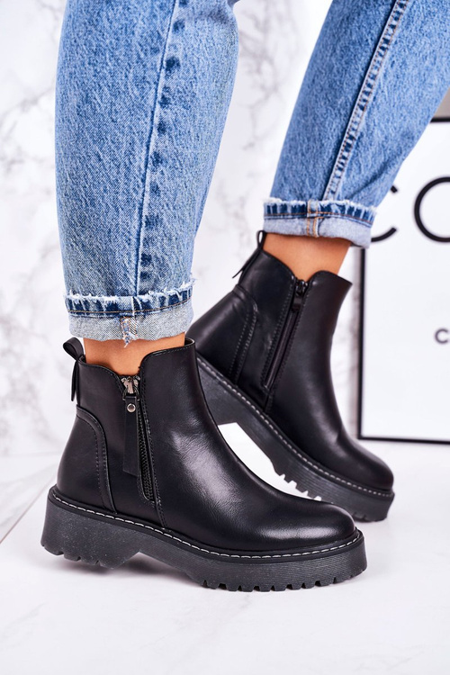 Damskie Ocieplane Botki Na Gumowej Podeszwie Czarne Moon Walk