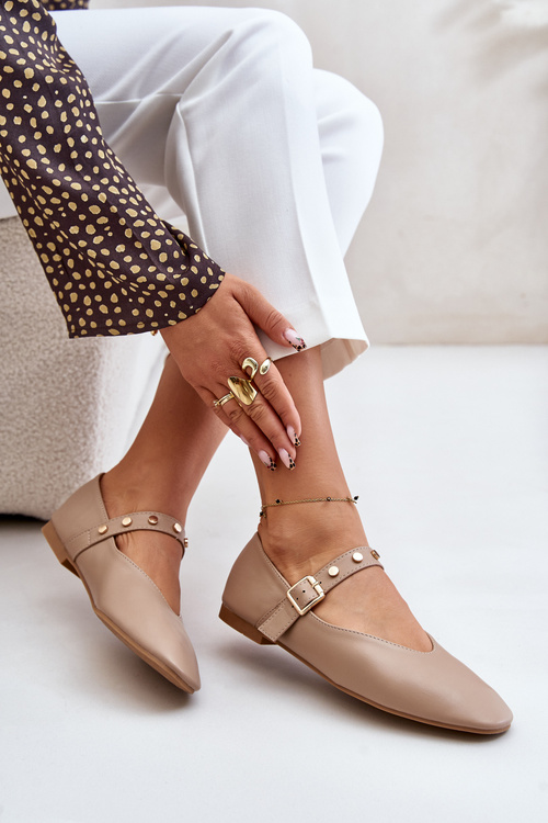 Eko Skórzane Baleriny Z Paskiem Beżowe Alcionora