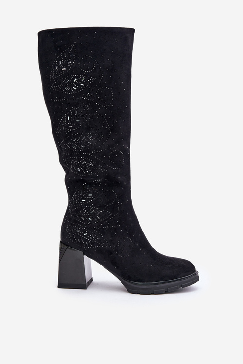 Zdobione Kozaki Damskie Przed Kolano Ocieplane Na Słupku MR880-158 Czarne