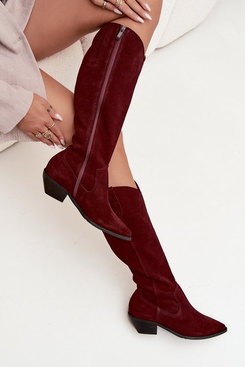 Kozaki Kowbojki Z Naturalnego Zamszu Ocieplane Zazoo 4225 Bordowe