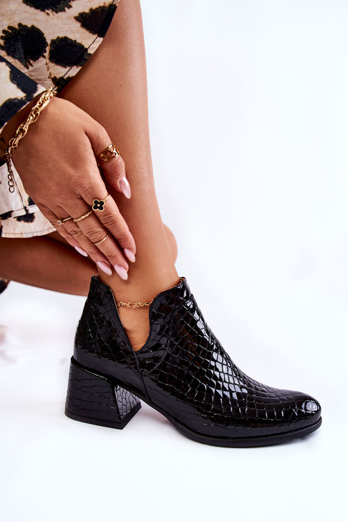 Lakierowane Botki Z Wycięciami Krokodyli Wzór Czarne Dalros
