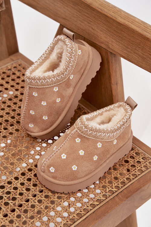 Śniegowce Dziecięce Z Kwiatuszkami Ocieplane Futerkiem Beżowe Palina