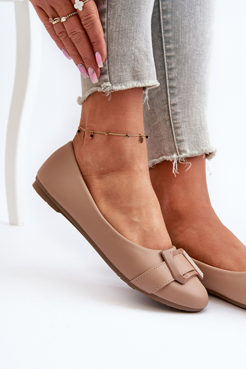 Baleriny Z Paskiem I Ozdobą Eko Skórzane Ciemnobeżowe Cadwenla