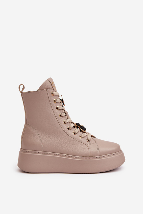 Damskie Skórzane Botki Workery Z Przypinkami Beżowe CheBello 4294