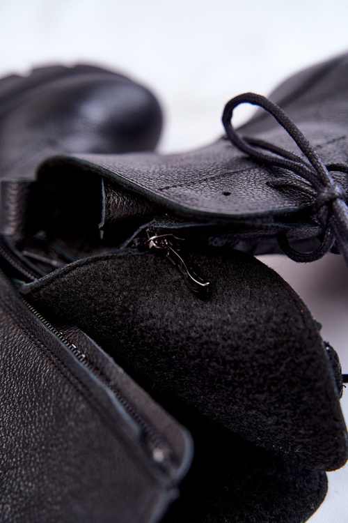 Skórzane Damskie Botki Na Obcasie Czarne Lemar Rea