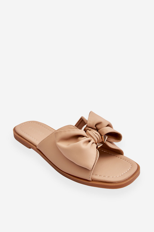 Damskie Skórzane Klapki Z Kokardą Beżowe Becky