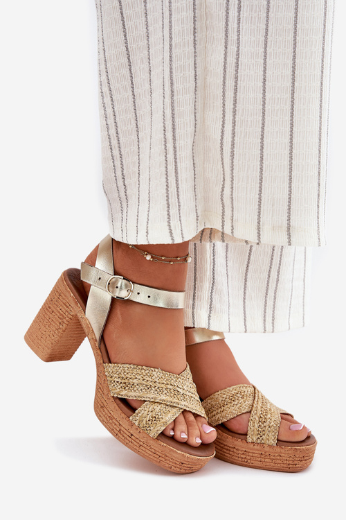 Skórzane Sandały Na Słupku Z Plecionką Na Paskach Zazoo 40460 Złote