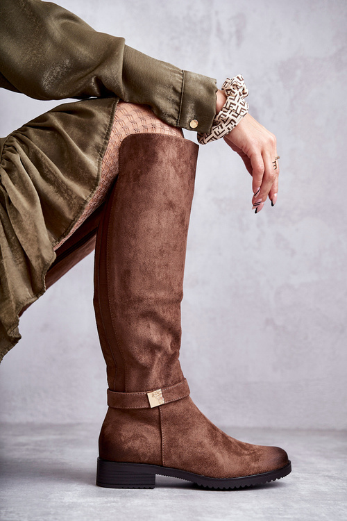 Zamszowe Damskie Kozaki Na Płaskim Obcasie Brązowe Henrike