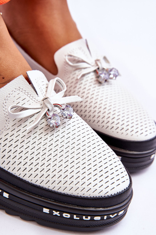 Damskie Wsuwane Skórzane Trampki Białe Raven