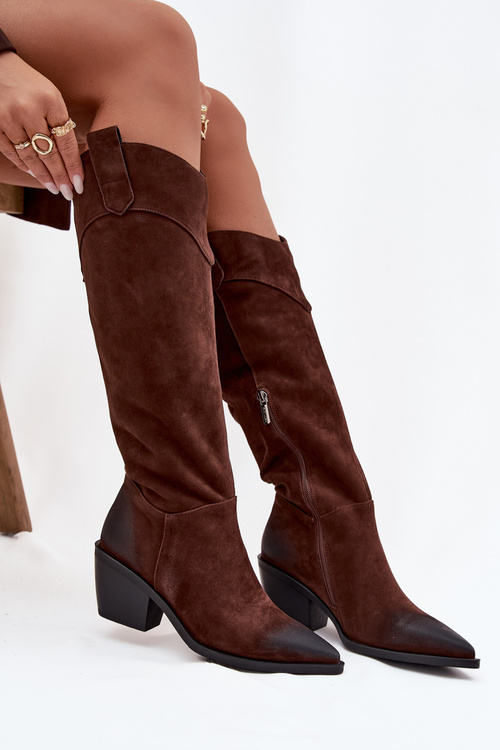 Kozaki Kowbojki Damskie Na Obcasie Z Naturalnego Zamszu Artiker 57C0230 Brązowe