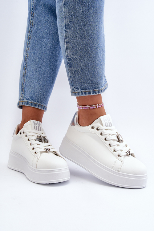 Sneakersy Damskie Na Platformie Z Ozdobami Białe Herbisa