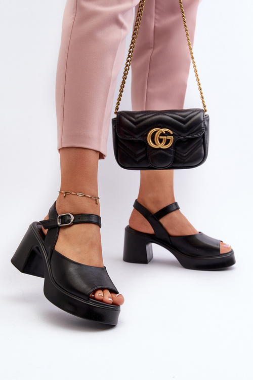 Skórzane Sandały Damskie Na Obcasie Vinceza 66627 Czarne