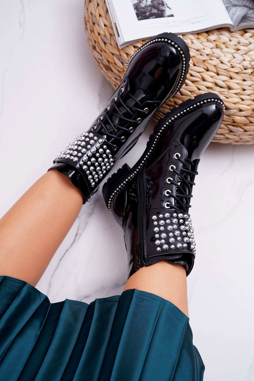 Botki Damskie Płaski Obcas Militarne Lakierowane Czarne Bemmer