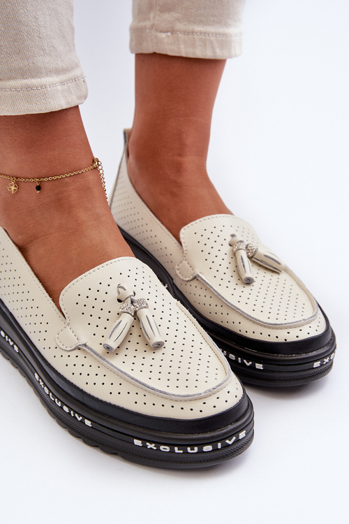 Skórzane Mokasyny Damskie Na Platformie Beżowe Assetnima