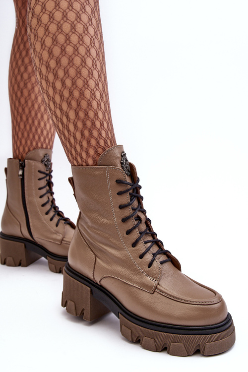 Skórzane Damskie Ocieplane Botki Trapery Lemar Brązowe Rehin