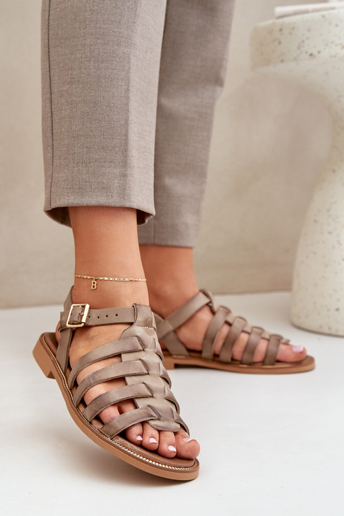 Skórzane Sandały Na Płaskim Obcasie Zazoo 3686 Ciemnobeżowe