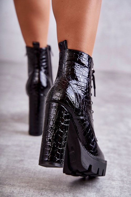 Skórzane Wężowe Botki Na Wysokim Obcasie Czarne Madly