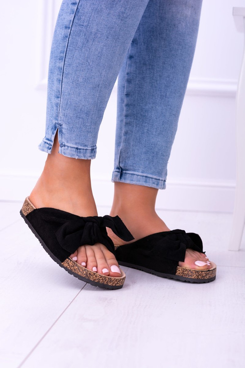 Czarne Damskie Klapki Z Kokardami Na Korku Sunshine