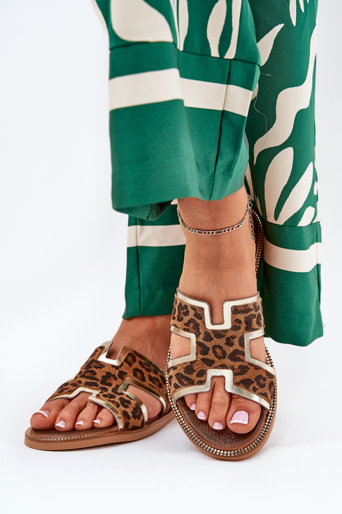 Skórzane Płaskie Klapki W Panterkę Zazoo 40383 Brązowe