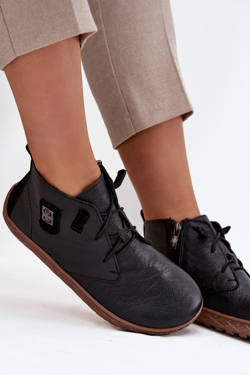 Skórzane Półbuty Barefoot Damskie Z Ozdobnym Detalem Zazoo 30072 Czarne