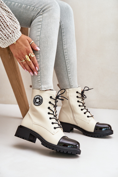 Botki Workery Na Zamek Ocieplane Beżowo-Czarne Soratta