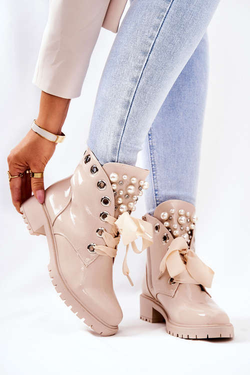 Lakierowane Ocieplane Workery Z Perełkami Beżowe Perla