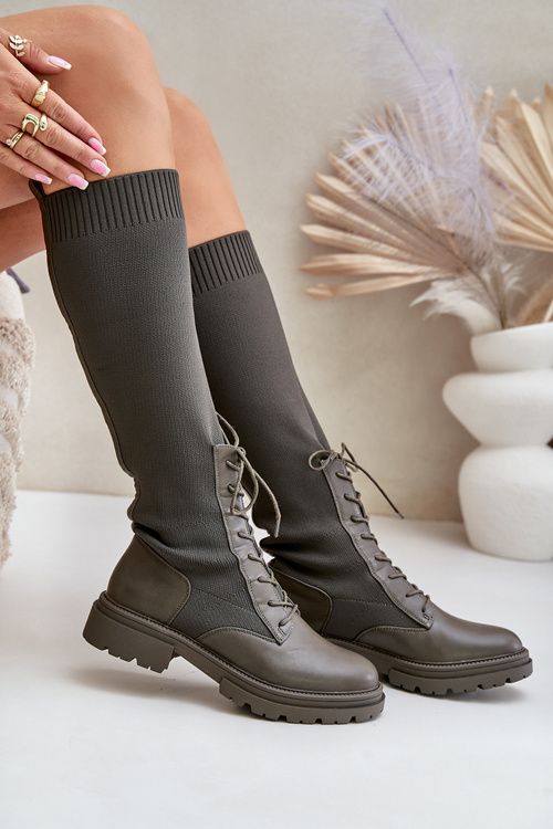 Wsuwane Kozaki Ze Skarpetkową Cholewką Ciemnozielone Iranel