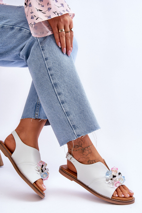 Damskie Skórzane Sandały Z Kamieniami Białe Mersea