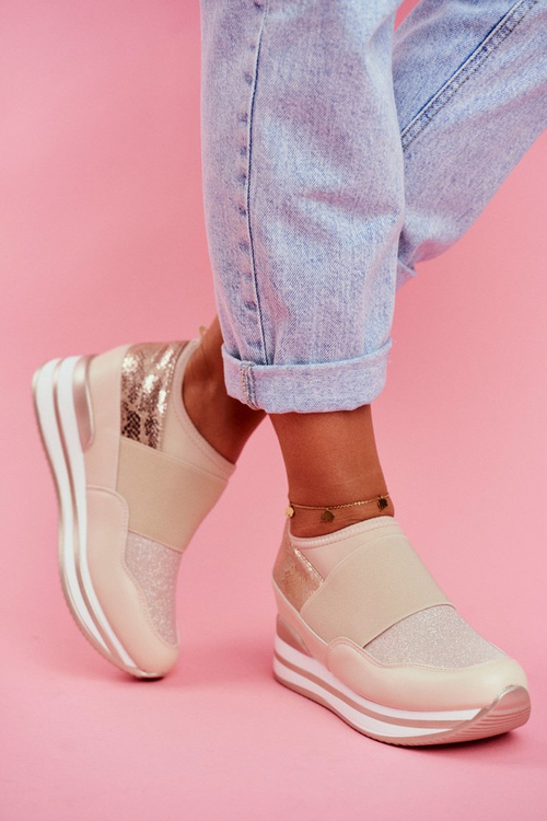 Sportowe Damskie Wsuwane Buty Na Koturnie Beżowe Cold Play