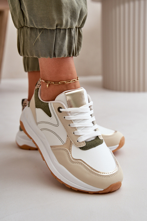 Sneakersy Damskie Na Platformie Z Eko Skóry Beżowo-Zielone Issatta