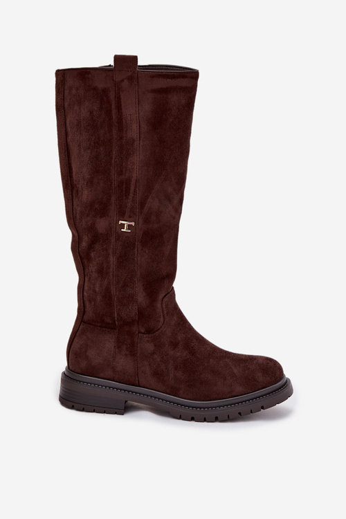 Kozaki Damskie Ocieplane Na płaskim Obcasie Eko Zamszowe Czekoladowe Delyssa