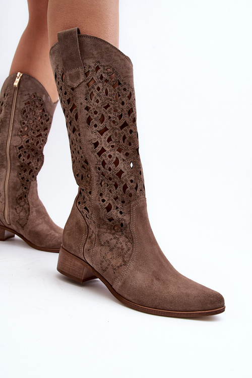 Zazoo 3403 Ażurowe Kozaki Damskie Na Niskim Obcasie Ciemnobeżowe