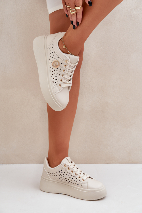 Ażurowe Sneakersy Ze Złotym Detalem Beżowe Cassildi