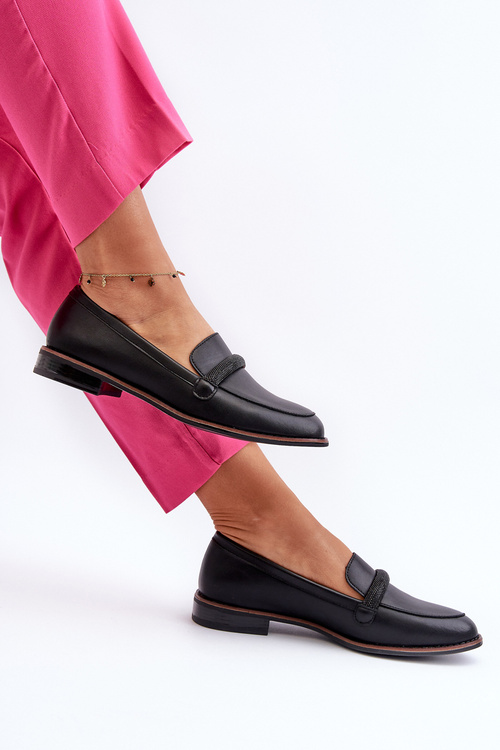 Skórzane Mokasyny Damskie Z Ozdobnym Paseczkiem Czarne Saosin