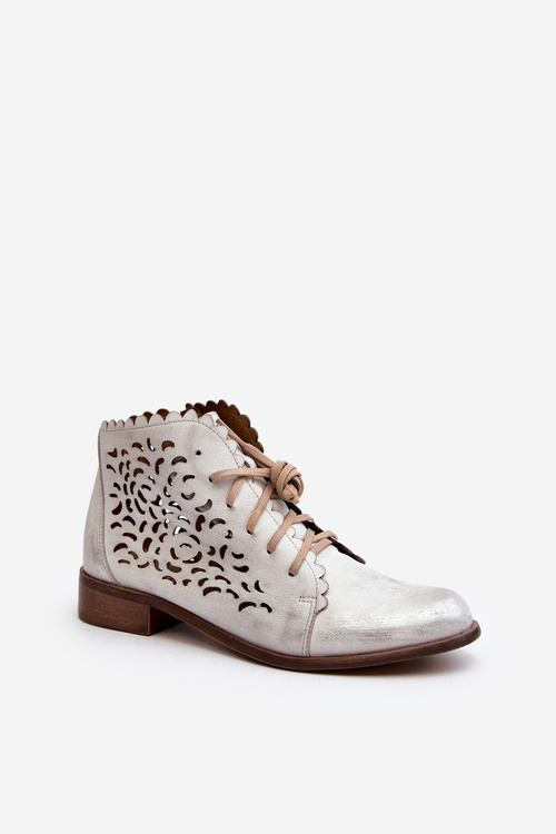 Zazoo 2871 Ażurowe Botki Damskie Sznurowane Srebrne