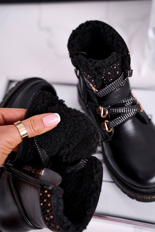 Dziecięce młodzieżowe botki z kożuszkiem czarne Rhythm