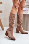 Eko Zamszowe Kozaki Na Słupku Z Ażurowym Wzorem Vinceza 58344 Ciemnobeżowe