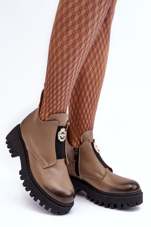 Damskie Skórzane Botki Z Ozdobą Beżowe Lemar Lusanna