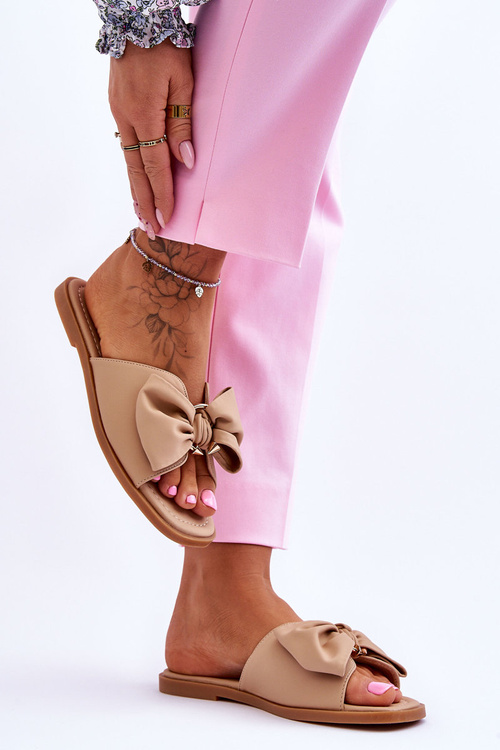 Damskie Skórzane Klapki Z Kokardą Beżowe Becky