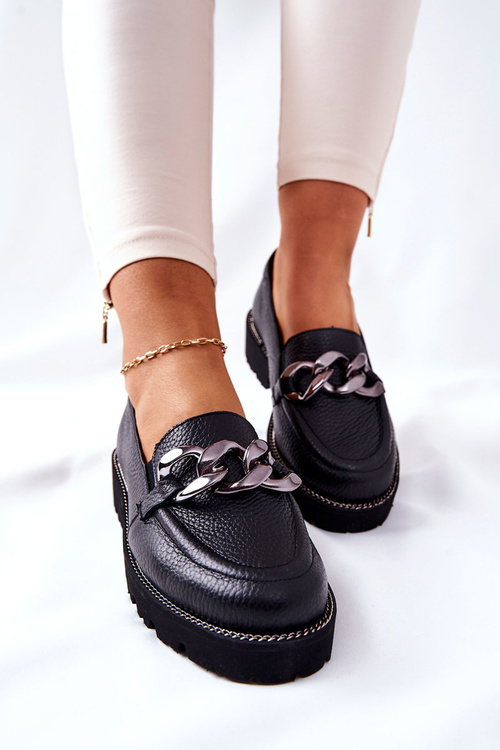 Damskie Półbuty Skórzane Loafery Czarne Sthonto