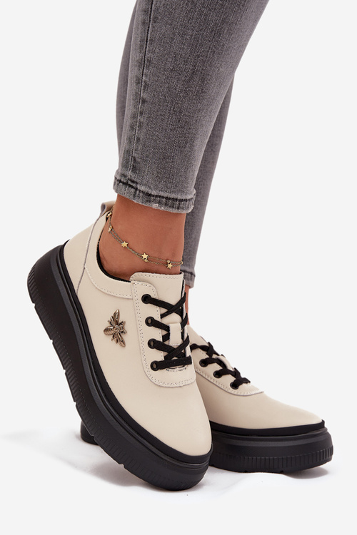 Skórzane Półbuty Damskie Na Platformie Z Przypinką Vinceza 41495 Beżowe