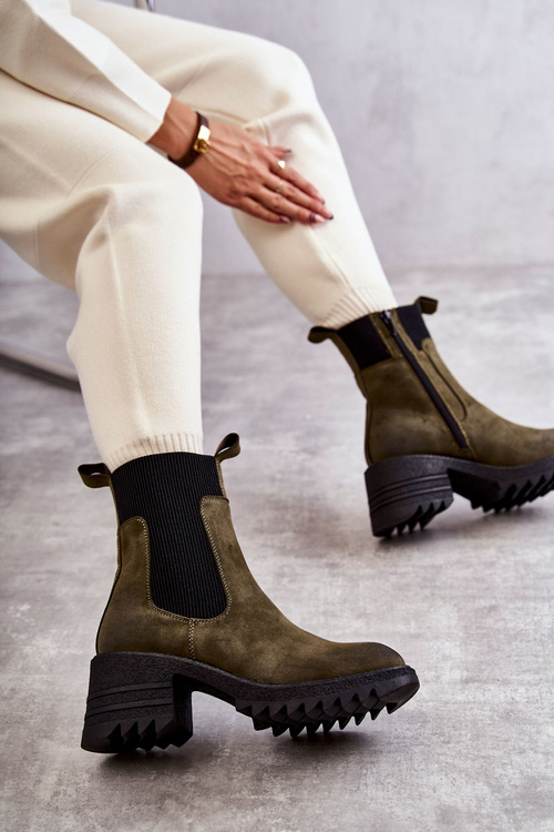 Damskie Ocieplane Botki Na Obcasie Zielone Abella