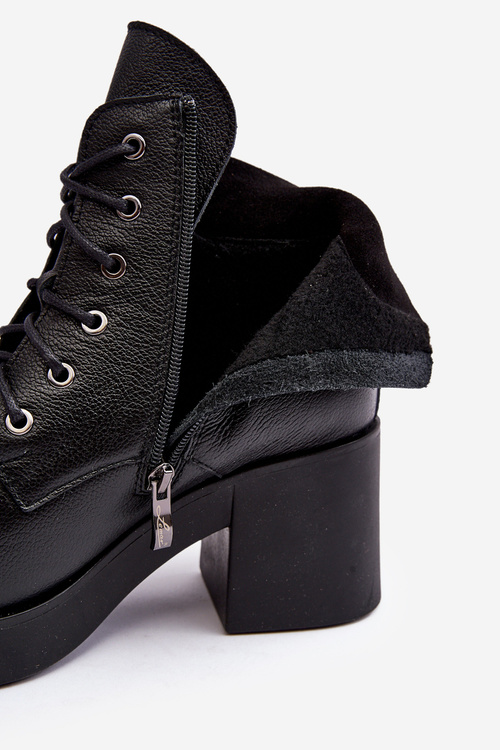 Skórzane Botki Damskie Na Słupku Czarne Lemar Leocera